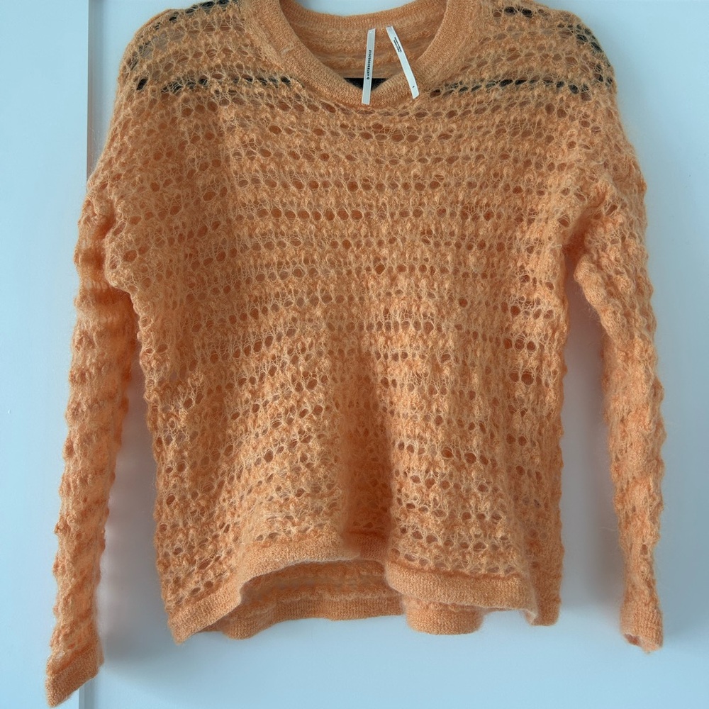 Anthropologie Orange Crew Neck Sweater with Open-Knit Texture